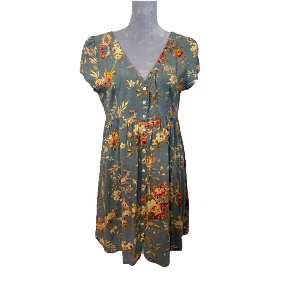Denim & Supply Ralph Lauren Blue Floral V-Neck Button Front Short Boho Dress LG